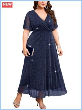 Plus Size Sparkly Maxi Dress V-Neck Ruffle Sleeve A-Line Glitter Gown Evening